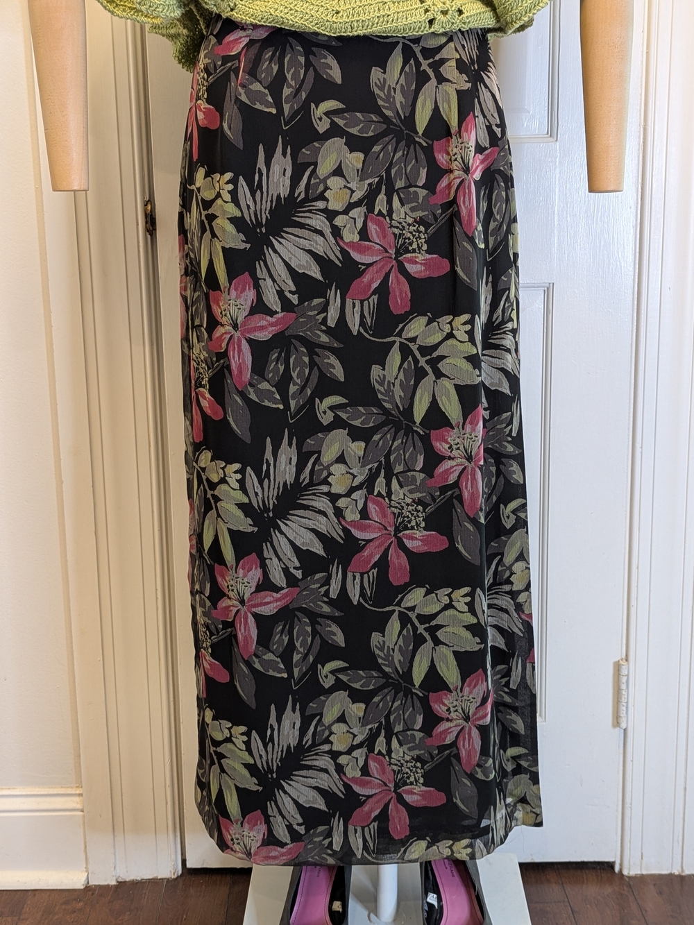Preston & York Black Column Maxi Skirt with Pink and Green Floral Print